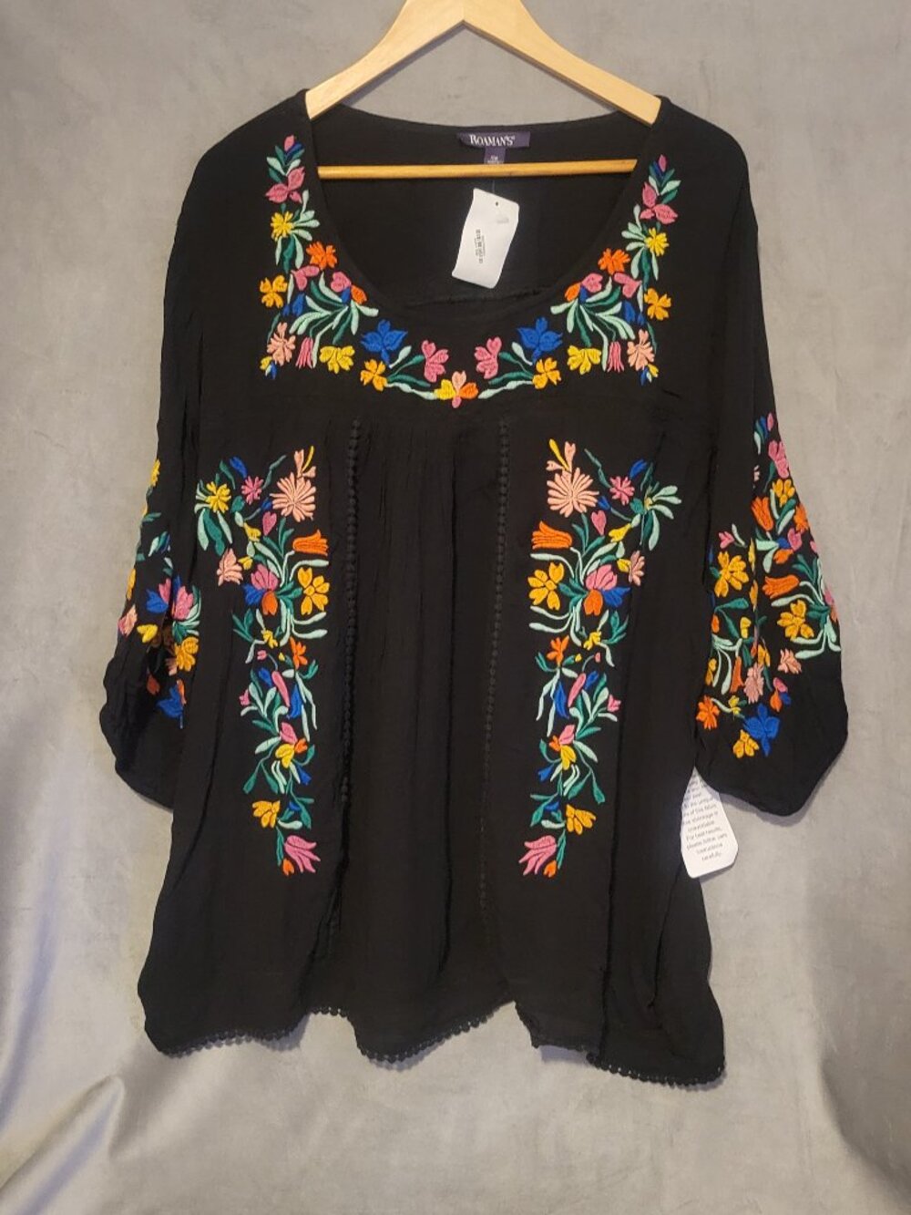 Roamans Embroidered Peasant Boho Floral Blouse Shirt Top Festival 28W Plus NWT